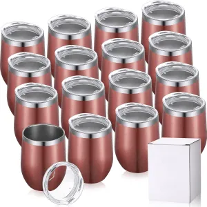 16 Pack Stainless Steel Wine Tumblers 12 oz Insulated Vacuum Wine Cup Set Double Wall Stainless Steel Stemless Mug Glasses for Coffee Soda Whiskey Outdoor Travel(Rose Gold)