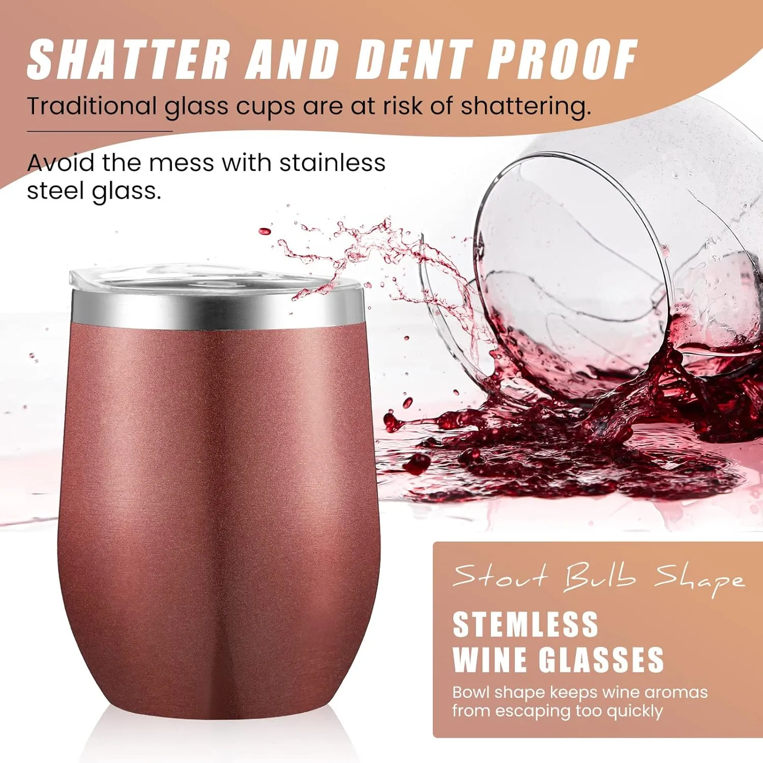 16 Pack Stainless Steel Wine Tumblers 12 oz Insulated Vacuum Wine Cup Set Double Wall Stainless Steel Stemless Mug Glasses for Coffee Soda Whiskey Outdoor Travel(Rose Gold)