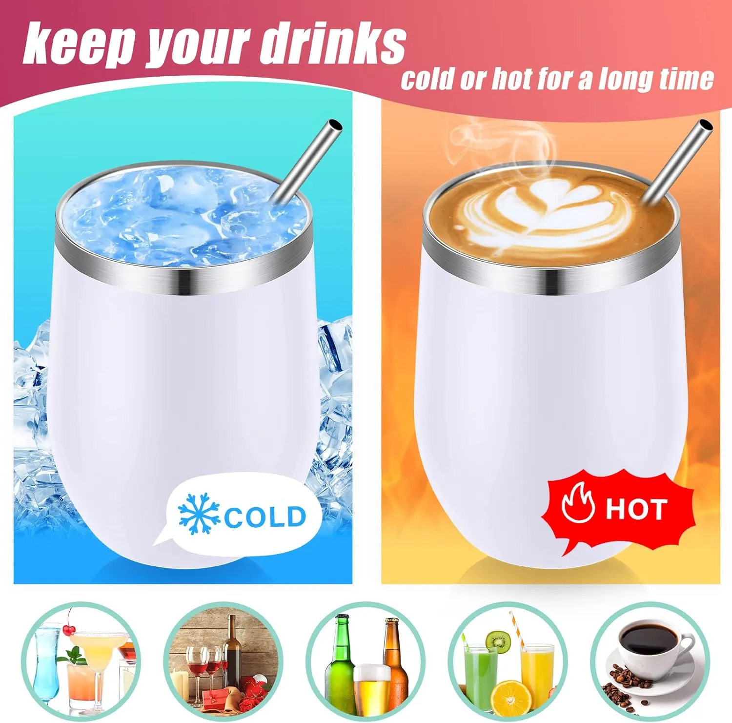16 Pack Stainless Steel Wine Tumblers 12 oz Insulated Vacuum Wine Cup Set Double Wall Stainless Steel Stemless Mug Glasses for Coffee Soda Whiskey Outdoor Travel(White)