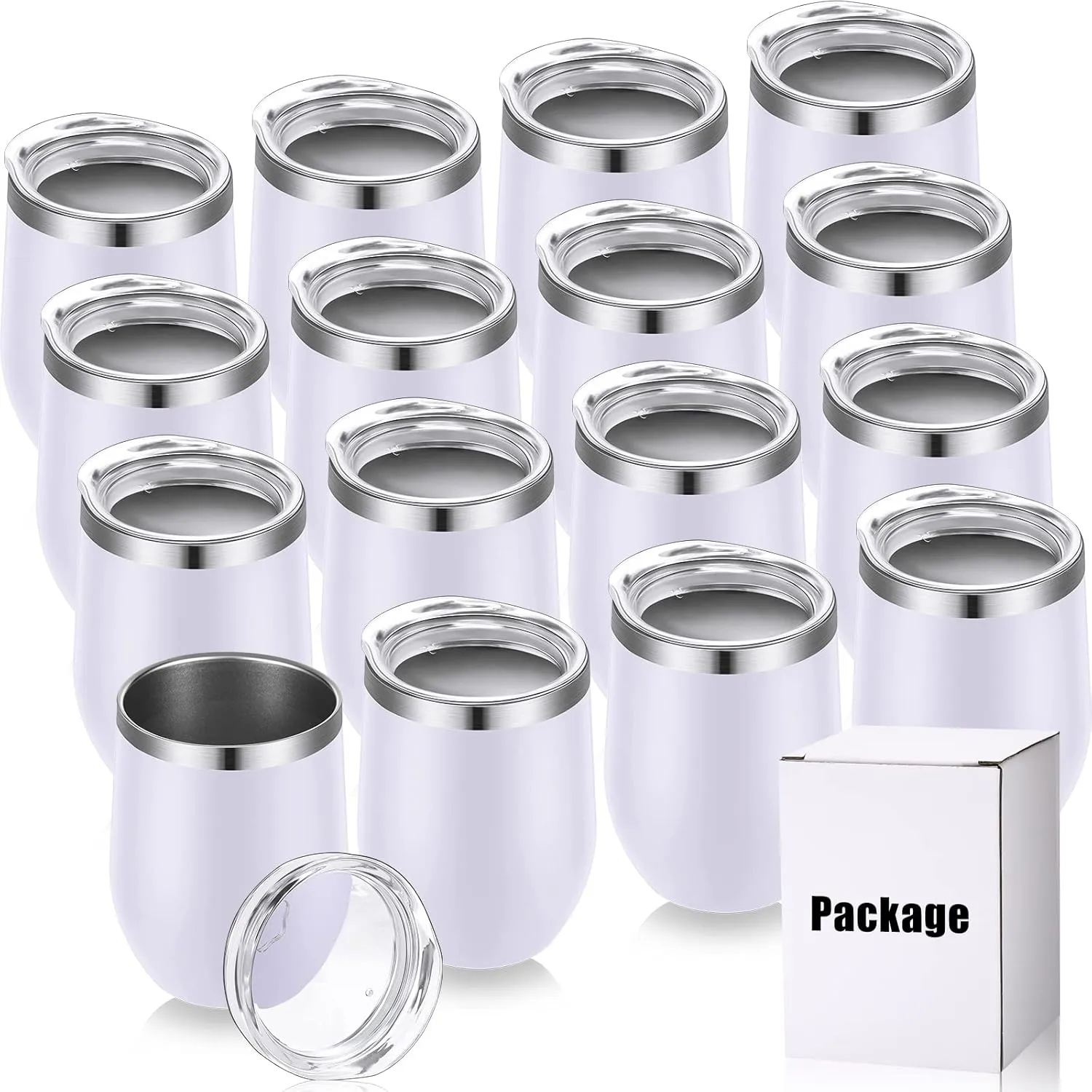 16 Pack Stainless Steel Wine Tumblers 12 oz Insulated Vacuum Wine Cup Set Double Wall Stainless Steel Stemless Mug Glasses for Coffee Soda Whiskey Outdoor Travel(White)