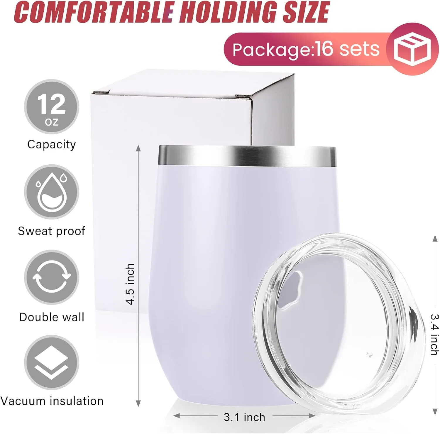 16 Pack Stainless Steel Wine Tumblers 12 oz Insulated Vacuum Wine Cup Set Double Wall Stainless Steel Stemless Mug Glasses for Coffee Soda Whiskey Outdoor Travel(White)