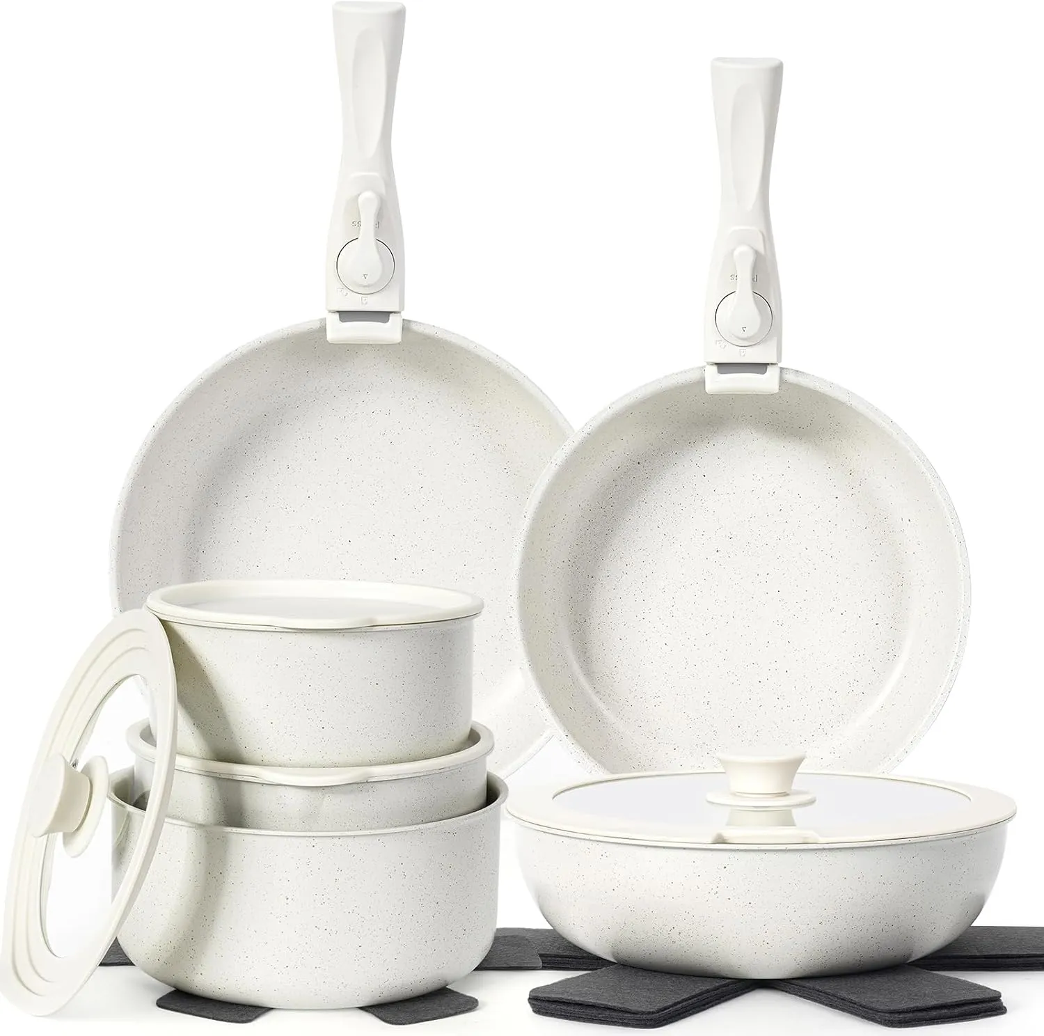 17 Pcs Pots and Pans Set Non Stick, Cookware Sets with Detachable Handle, Nonstick RV Kitchen Cooking Tools Removable Handles, Oven Safe, Induction Fast, Stackable Induction Cookware, White