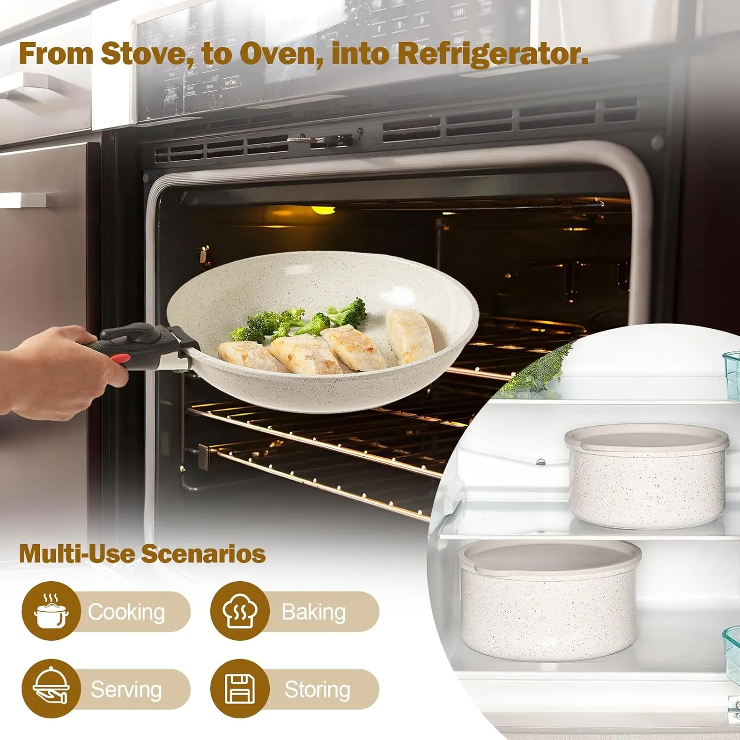 17Pcs Pots and Pans Set Non Stick, Ceramic Cookware Sets with Detachable Handle, Induction RV Kitchen Cookware Set, Stackable Non-stick Set, PFOA and PFAS Free, Oven Safe, White Granite