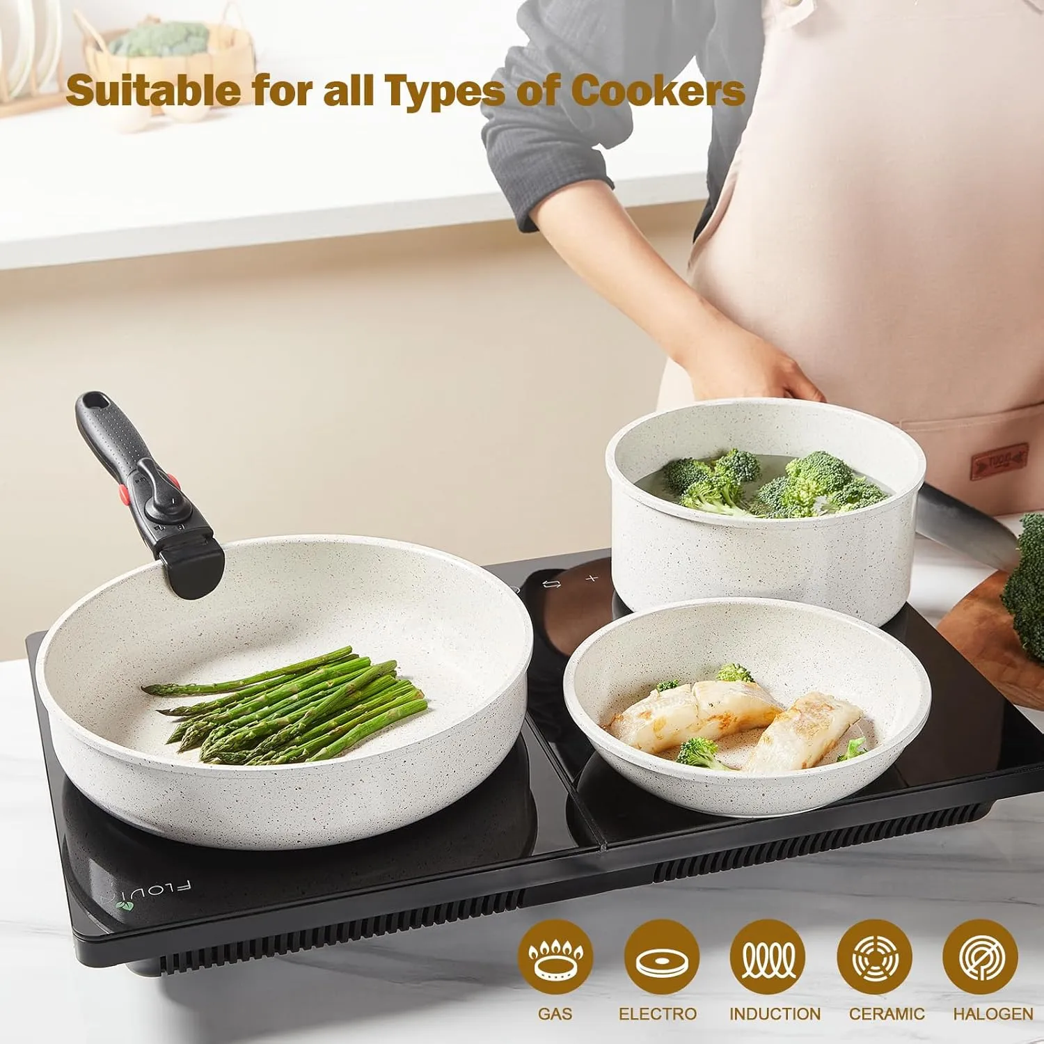17Pcs Pots and Pans Set Non Stick, Ceramic Cookware Sets with Detachable Handle, Induction RV Kitchen Cookware Set, Stackable Non-stick Set, PFOA and PFAS Free, Oven Safe, White Granite