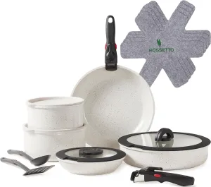 17Pcs Pots and Pans Set Non Stick, Ceramic Cookware Sets with Detachable Handle, Induction RV Kitchen Cookware Set, Stackable Non-stick Set, PFOA and PFAS Free, Oven Safe, White Granite