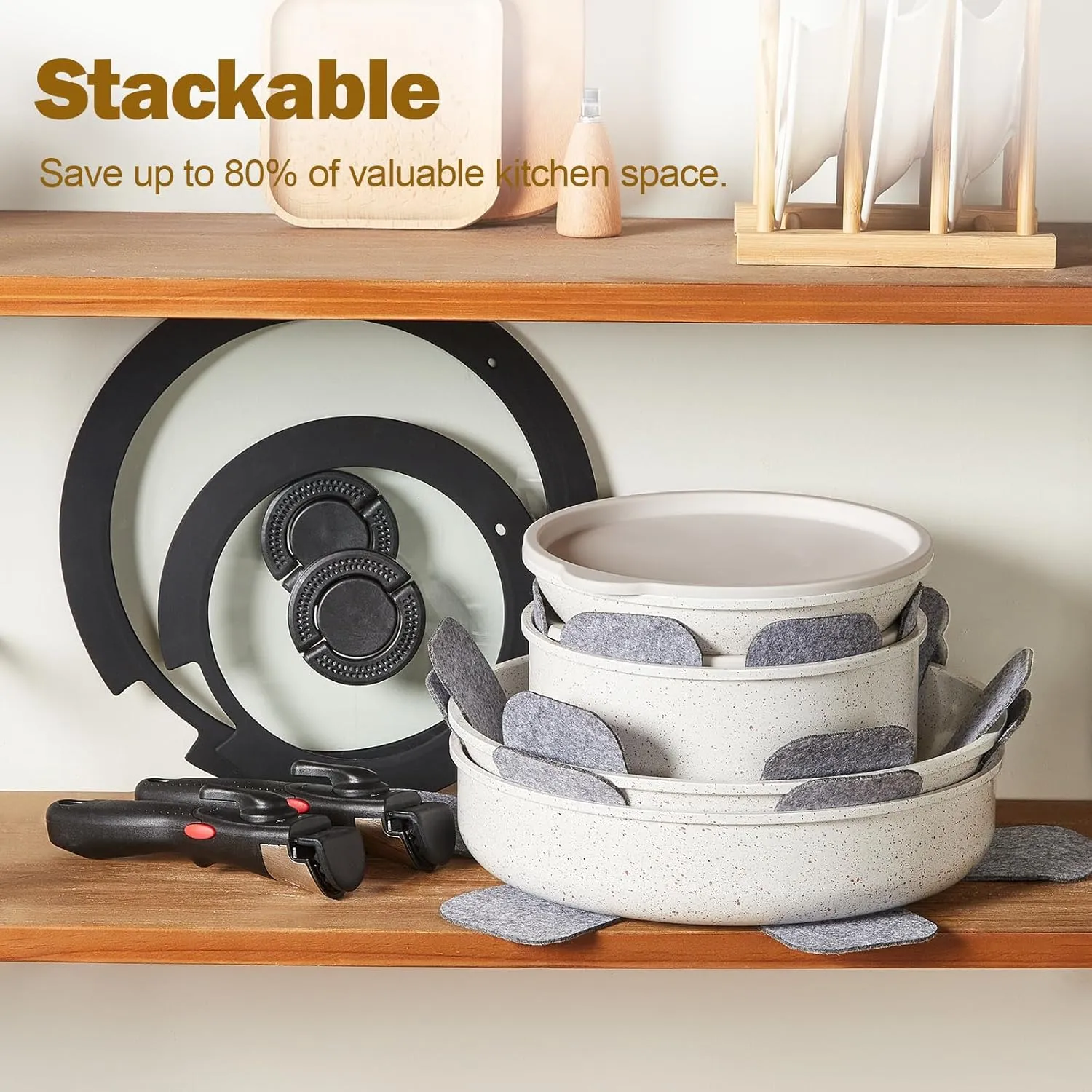 17Pcs Pots and Pans Set Non Stick, Ceramic Cookware Sets with Detachable Handle, Induction RV Kitchen Cookware Set, Stackable Non-stick Set, PFOA and PFAS Free, Oven Safe, White Granite