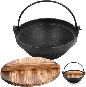 1set Non-stick Iron Soup Pot with Thickened Wooden Lid Japanese Style Camping Cooker Portable Screw-thread Hot Pot for Stewing Chicken Cooking Porridge and Ramen