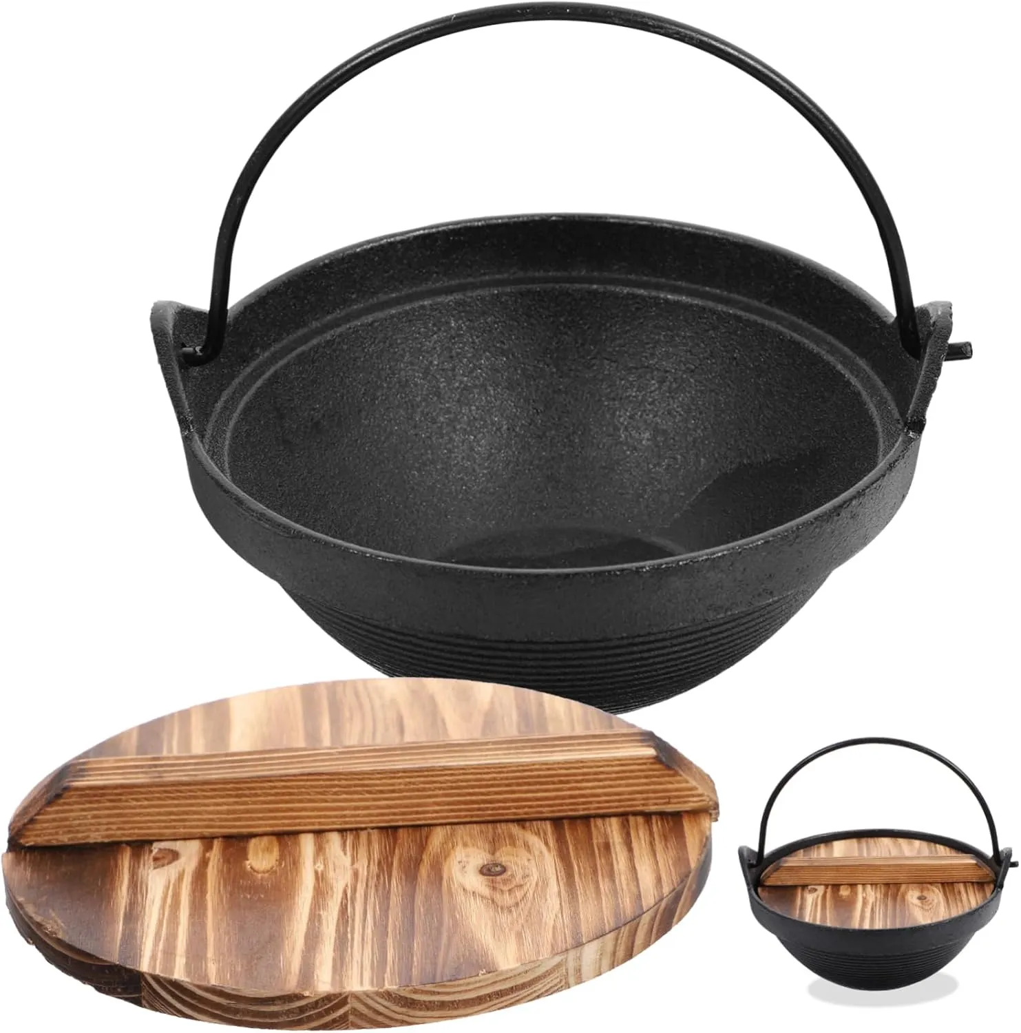 1set Non-stick Iron Soup Pot with Thickened Wooden Lid Japanese Style Camping Cooker Portable Screw-thread Hot Pot for Stewing Chicken Cooking Porridge and Ramen