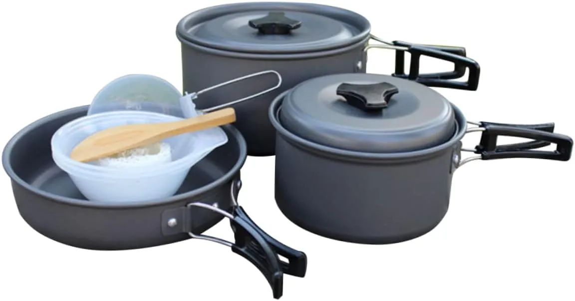 2-3 Person Portable Camping Grill Cookware Set w Non-Stick Frying Pan Pot Aluminum Alloy Lightweight Compact for Hiking BBQ Picnic