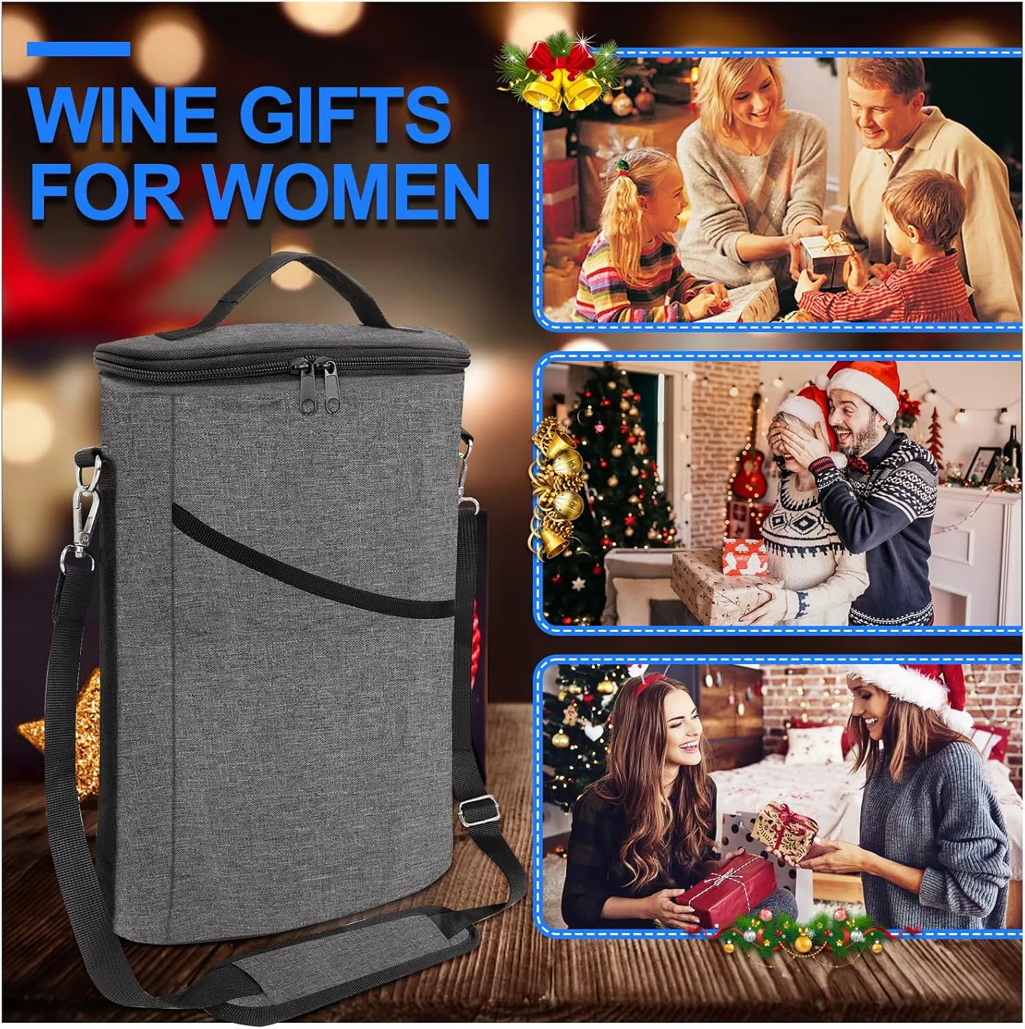 2 Bottle Wine Cooler Bag, Insulated Padded Wine Tote Carrier with Handle and Adjustable Shoulder Strap, for Travel, Tasting, Party, Gift - Grey