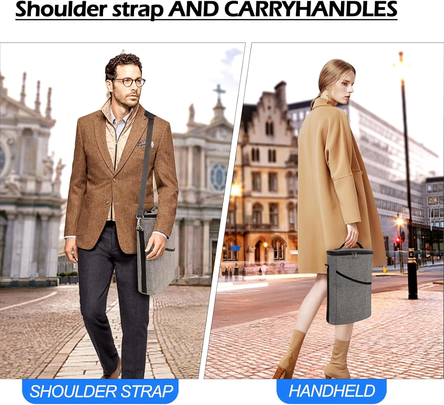2 Bottle Wine Cooler Bag, Insulated Padded Wine Tote Carrier with Handle and Adjustable Shoulder Strap, for Travel, Tasting, Party, Gift - Grey