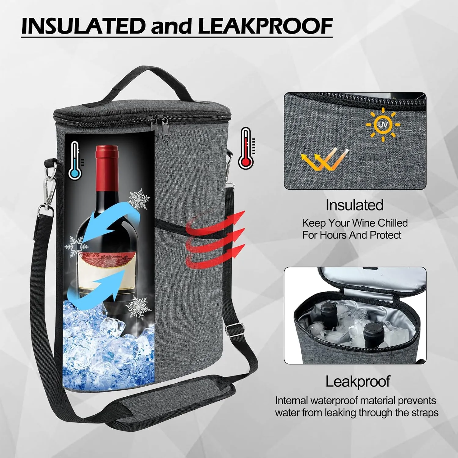 2 Bottle Wine Cooler Bag, Insulated Padded Wine Tote Carrier with Handle and Adjustable Shoulder Strap, for Travel, Tasting, Party, Gift - Grey