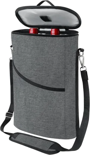 2 Bottle Wine Cooler Bag, Insulated Padded Wine Tote Carrier with Handle and Adjustable Shoulder Strap, for Travel, Tasting, Party, Gift - Grey