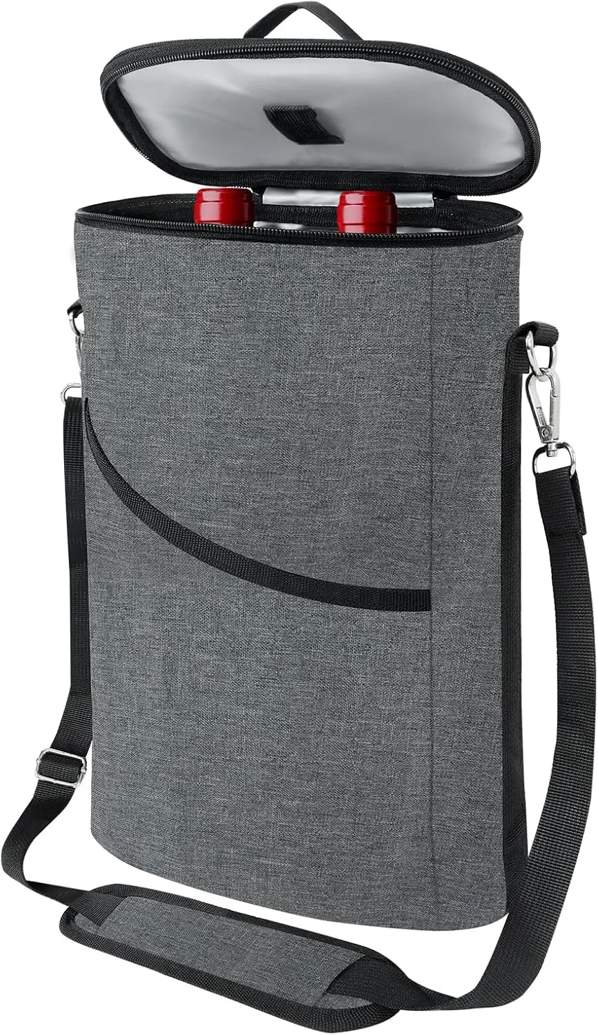2 Bottle Wine Cooler Bag, Insulated Padded Wine Tote Carrier with Handle and Adjustable Shoulder Strap, for Travel, Tasting, Party, Gift - Grey