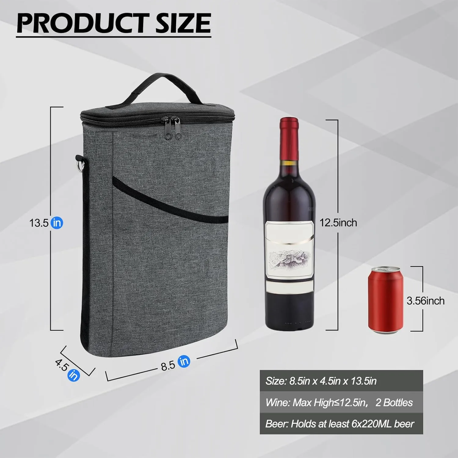 2 Bottle Wine Cooler Bag, Insulated Padded Wine Tote Carrier with Handle and Adjustable Shoulder Strap, for Travel, Tasting, Party, Gift - Grey