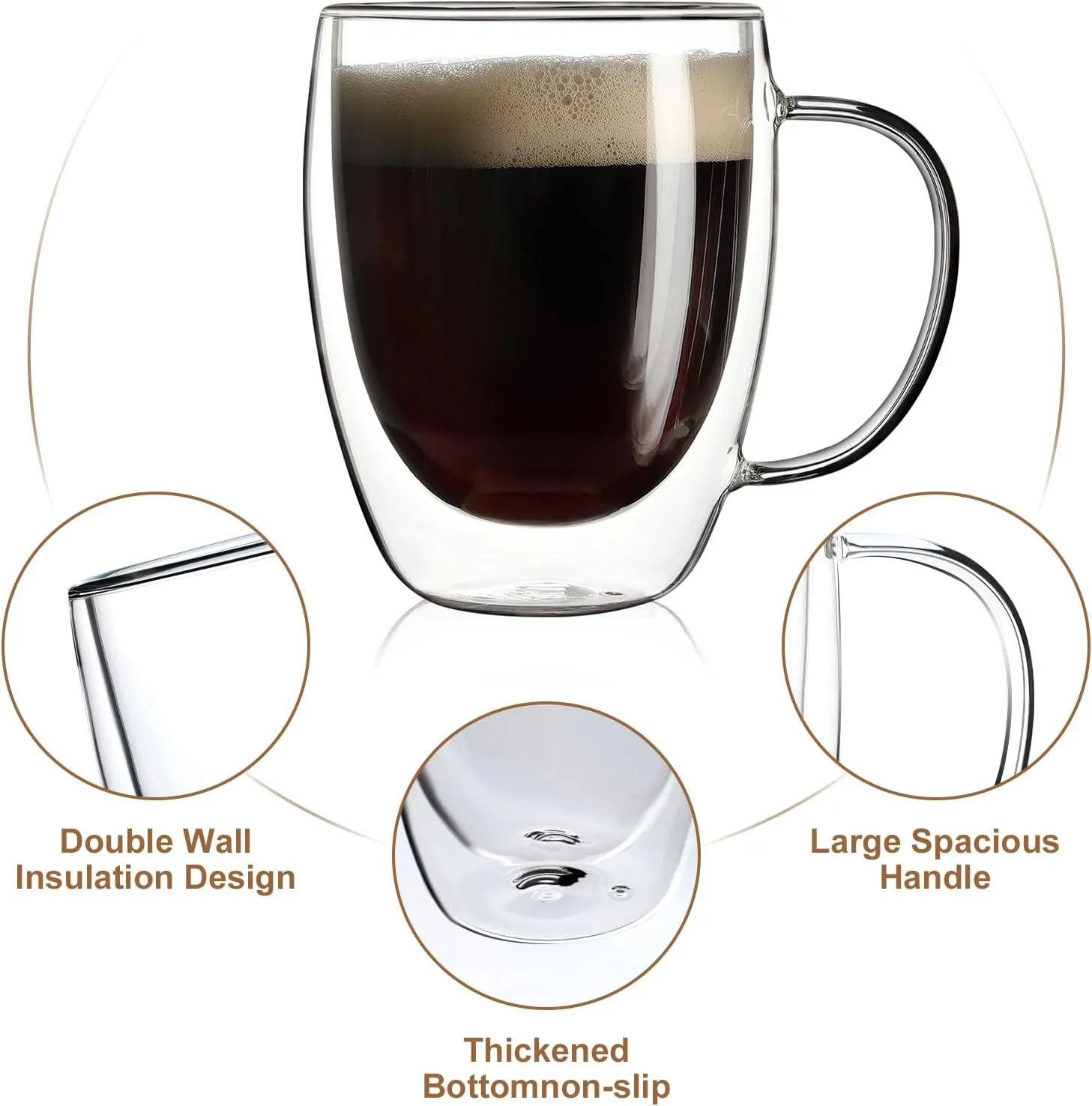 2 Pack Double Walled Glass Coffee Mugs with Handles, Large Insulated Layer Coffee Cups, 12oz Clear Borosilicate Mugs, Perfect for Cappuccino, Tea, Microwave Safe