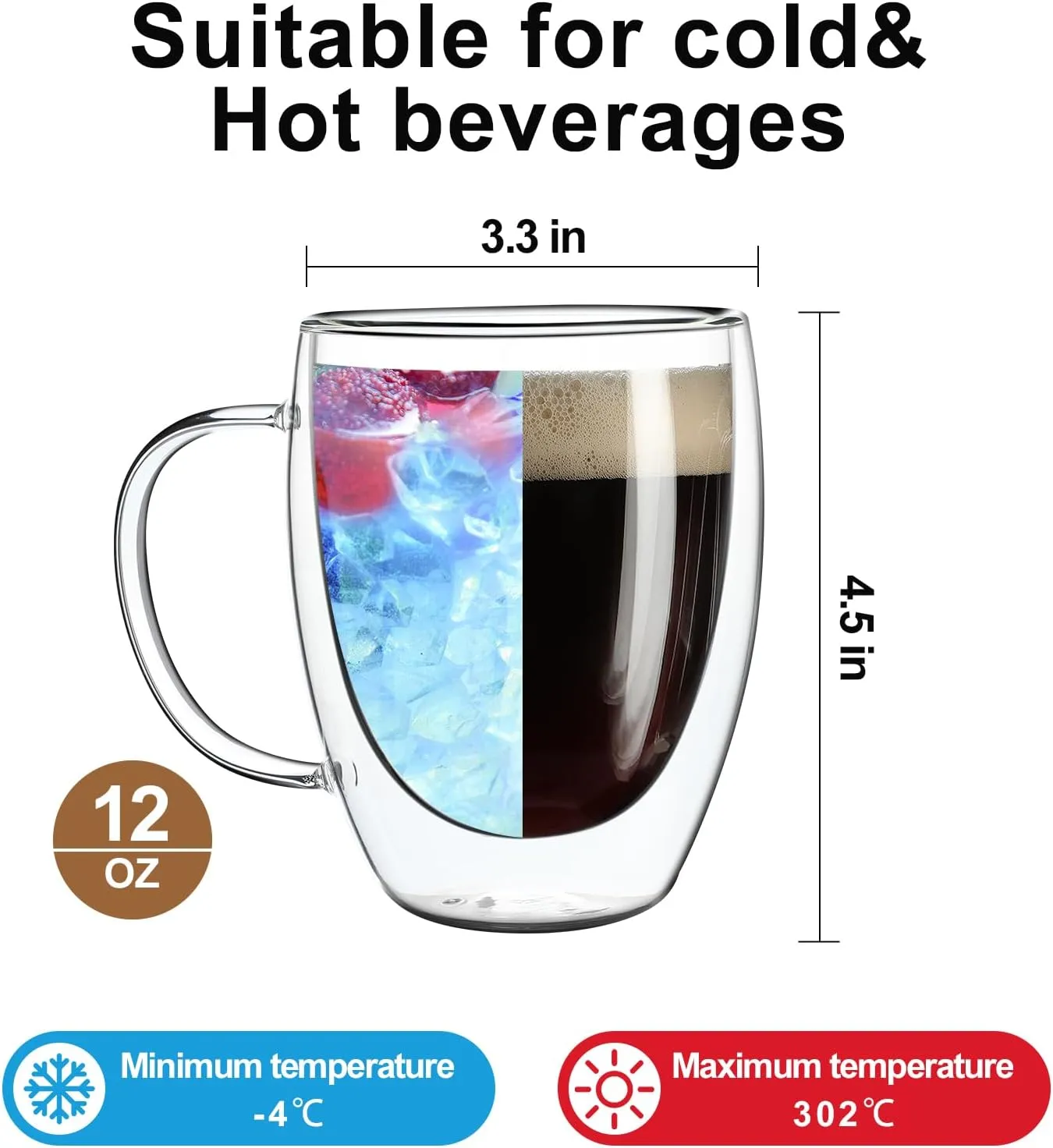 2 Pack Double Walled Glass Coffee Mugs with Handles, Large Insulated Layer Coffee Cups, 12oz Clear Borosilicate Mugs, Perfect for Cappuccino, Tea, Microwave Safe