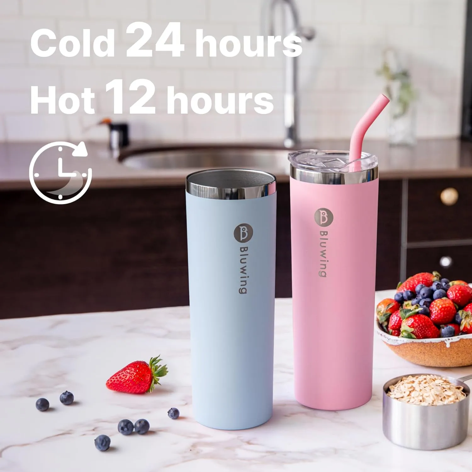 2 Pack Insulated Tumbler Cups with Straw 20 oz Stainless Steel Slim Travel Water Tumbler with Leakproof Lid (Baby Blue/Pink)