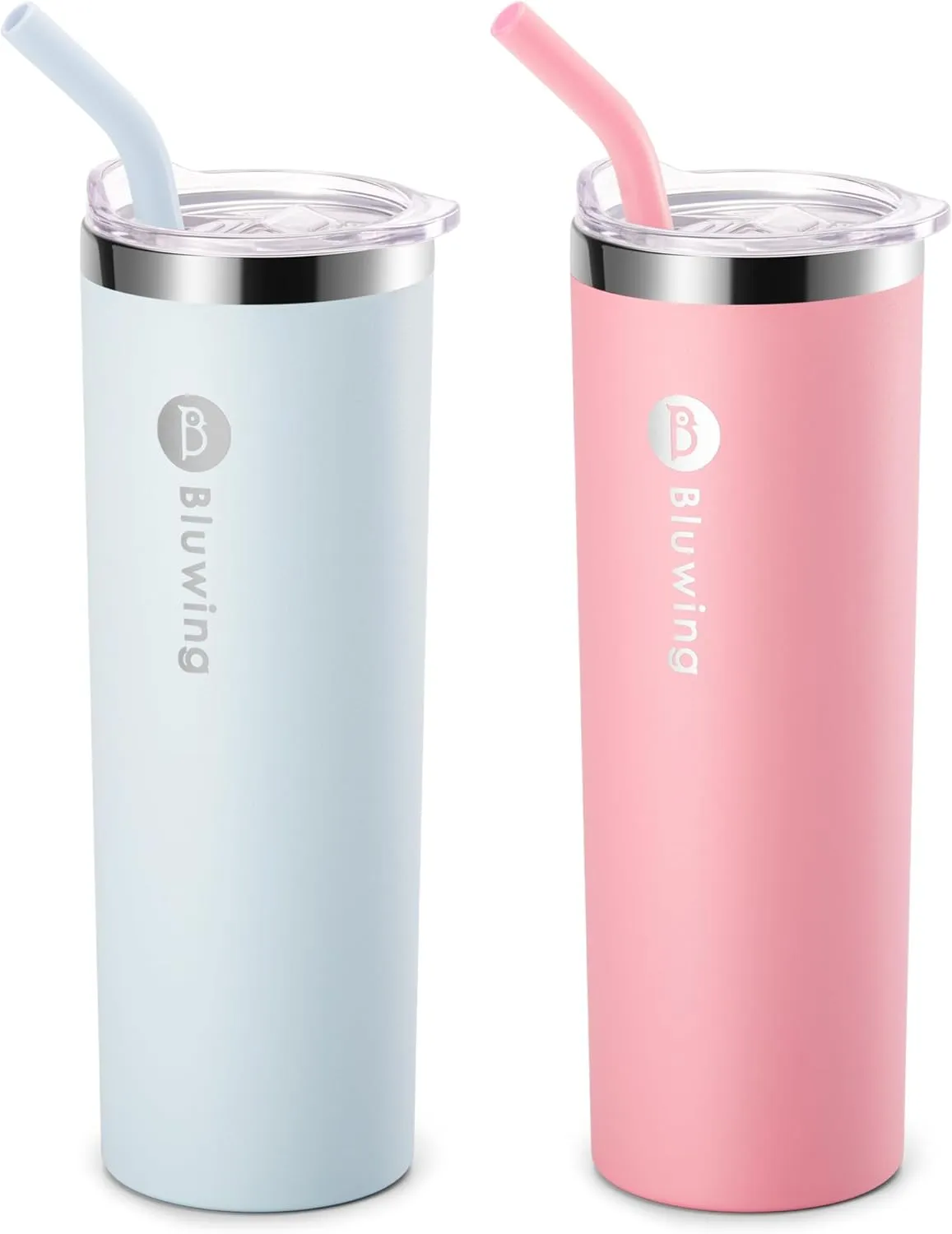 2 Pack Insulated Tumbler Cups with Straw 20 oz Stainless Steel Slim Travel Water Tumbler with Leakproof Lid (Baby Blue/Pink)