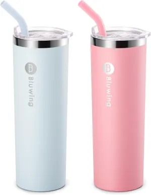 2 Pack Insulated Tumbler Cups with Straw 20 oz Stainless Steel Slim Travel Water Tumbler with Leakproof Lid (Baby Blue/Pink)