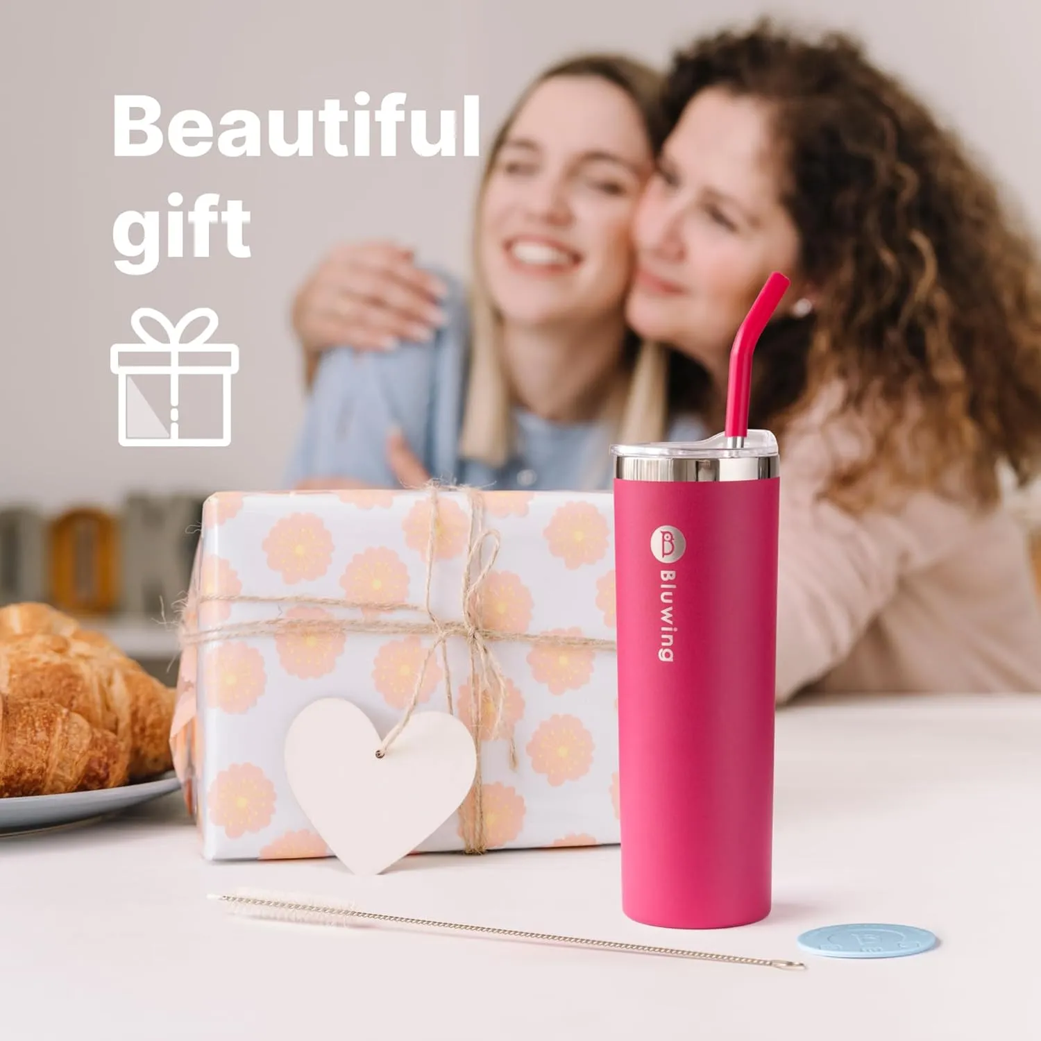 2 Pack Insulated Tumbler Cups with Straw 20 oz Stainless Steel Slim Travel Water Tumbler with Leakproof Lid (Baby Blue/Pink)