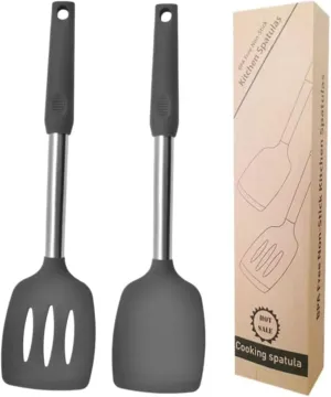 2 Pack of Silicone Solid Turner,Non Stick Slotted Kitchen Spatulas,High Heat Resistant BPA Free Cooking Utensils,Ideal Cookware for Fish,Eggs,Pancakes (Gray)