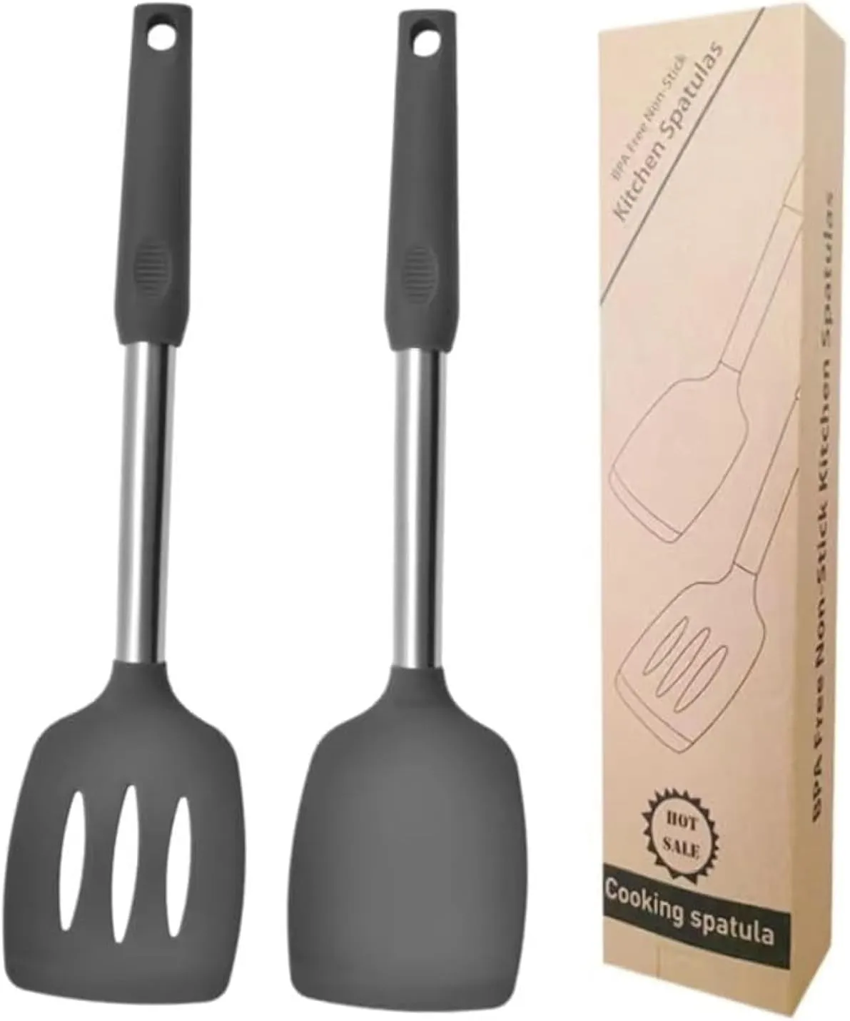 2 Pack of Silicone Solid Turner,Non Stick Slotted Kitchen Spatulas,High Heat Resistant BPA Free Cooking Utensils,Ideal Cookware for Fish,Eggs,Pancakes (Gray)