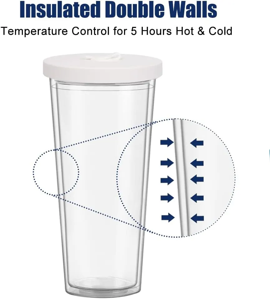 2 Pack Reusable Boba Tea Cups, 24oz Iced Coffee Cup with Straw and Lid, Leakproof Clear Plastic Cups Tumbler, Double Wall Insulated Smoothie Tumbler, Wide Straw for Bubble Tea, Black and White