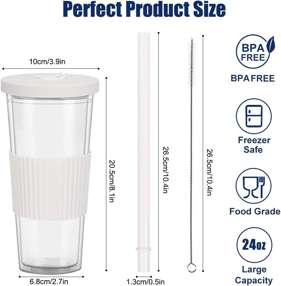 2 Pack Reusable Boba Tea Cups, 24oz Iced Coffee Cup with Straw and Lid, Leakproof Clear Plastic Cups Tumbler, Double Wall Insulated Smoothie Tumbler, Wide Straw for Bubble Tea, Black and White