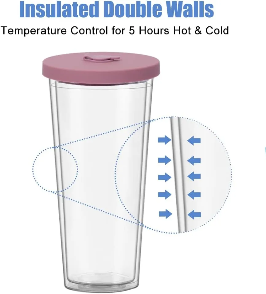 2 Pack Reusable Boba Tea Cups, 24oz Iced Coffee Cup with Straw and Lid, Leakproof Clear Plastic Cups Tumbler, Double Wall Insulated Smoothie Tumbler, Wide Straw for Bubble Tea, Pink and Blue