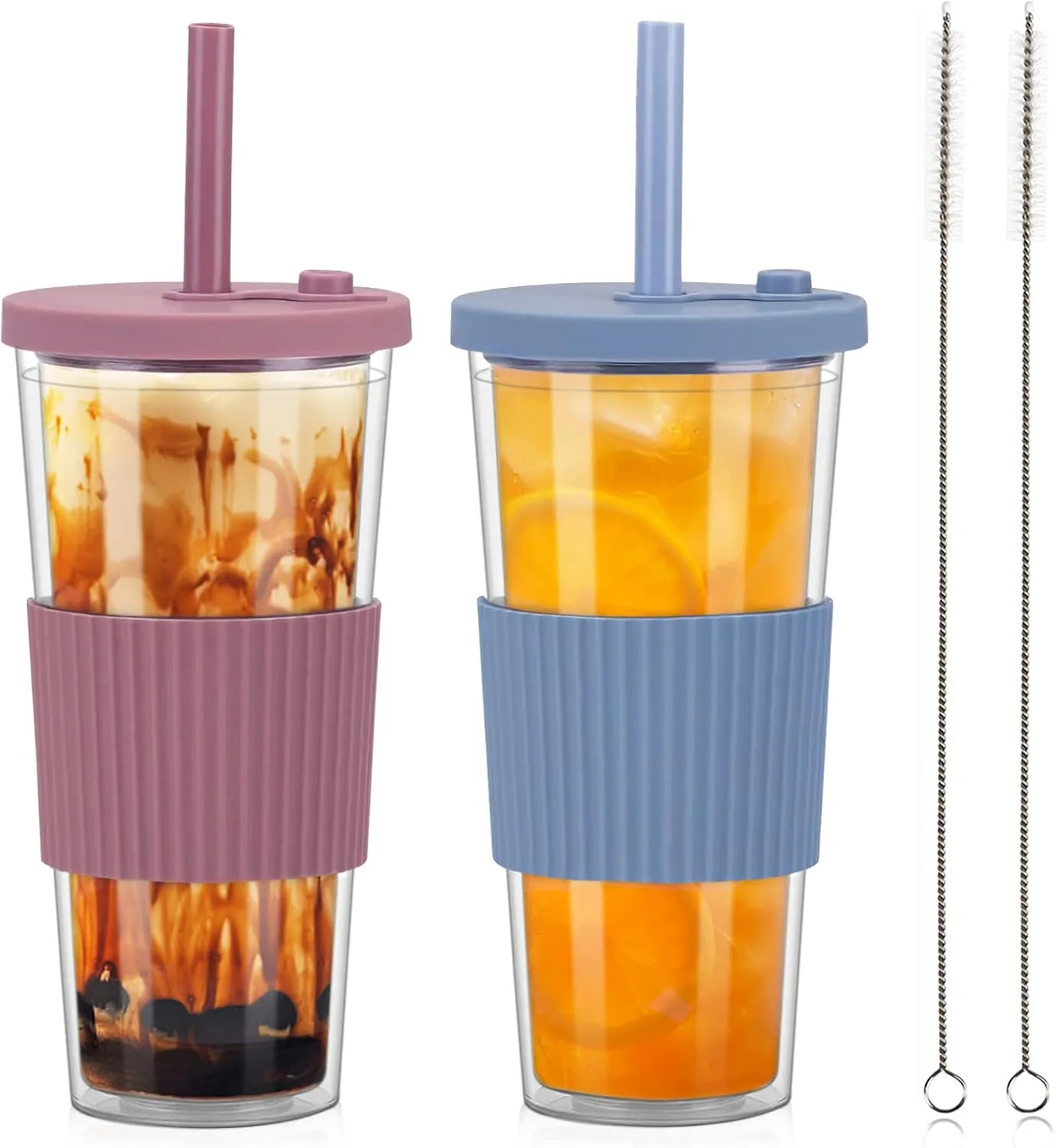 2 Pack Reusable Boba Tea Cups, 24oz Iced Coffee Cup with Straw and Lid, Leakproof Clear Plastic Cups Tumbler, Double Wall Insulated Smoothie Tumbler, Wide Straw for Bubble Tea, Pink and Blue