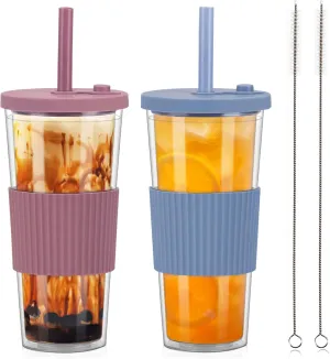 2 Pack Reusable Boba Tea Cups, 24oz Iced Coffee Cup with Straw and Lid, Leakproof Clear Plastic Cups Tumbler, Double Wall Insulated Smoothie Tumbler, Wide Straw for Bubble Tea, Pink and Blue