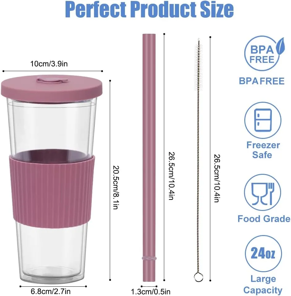 2 Pack Reusable Boba Tea Cups, 24oz Iced Coffee Cup with Straw and Lid, Leakproof Clear Plastic Cups Tumbler, Double Wall Insulated Smoothie Tumbler, Wide Straw for Bubble Tea, Pink and Blue