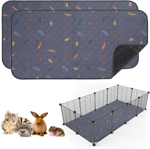 2 Pack Washable Guinea Pig Pee Pads, 24" x 48" Waterproof Reusable Guinea Pig Cage Liners, Absorbent Bedding Training Mat for Small Animal Guinea Pigs Rabbit Bunny Hamster (Leaves - Deep Grey)