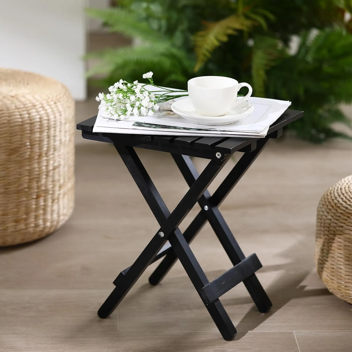 2 Pcs Small Folding Patio Side Table Outdoor Wood Wooden Small End Portable Plant Little Table for Garden Yard Porch Living Room Space Pool 11.4x11x14 inch (Black)