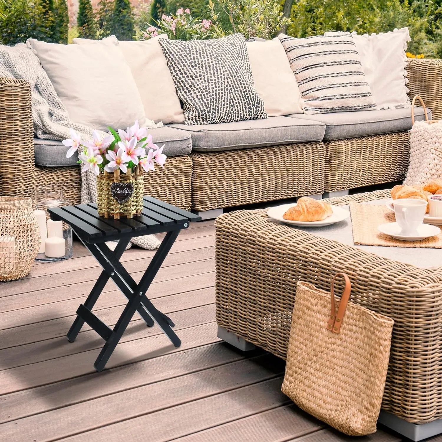 2 Pcs Small Folding Patio Side Table Outdoor Wood Wooden Small End Portable Plant Little Table for Garden Yard Porch Living Room Space Pool 11.4x11x14 inch (Black)