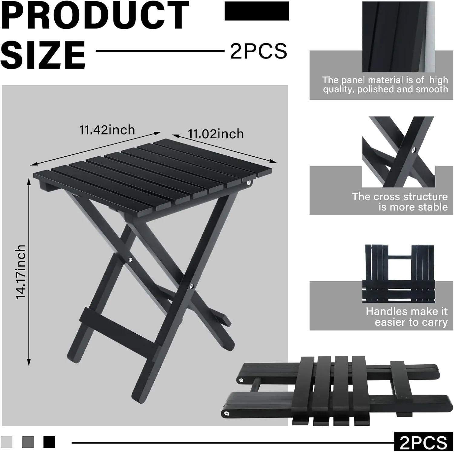 2 Pcs Small Folding Patio Side Table Outdoor Wood Wooden Small End Portable Plant Little Table for Garden Yard Porch Living Room Space Pool 11.4x11x14 inch (Black)