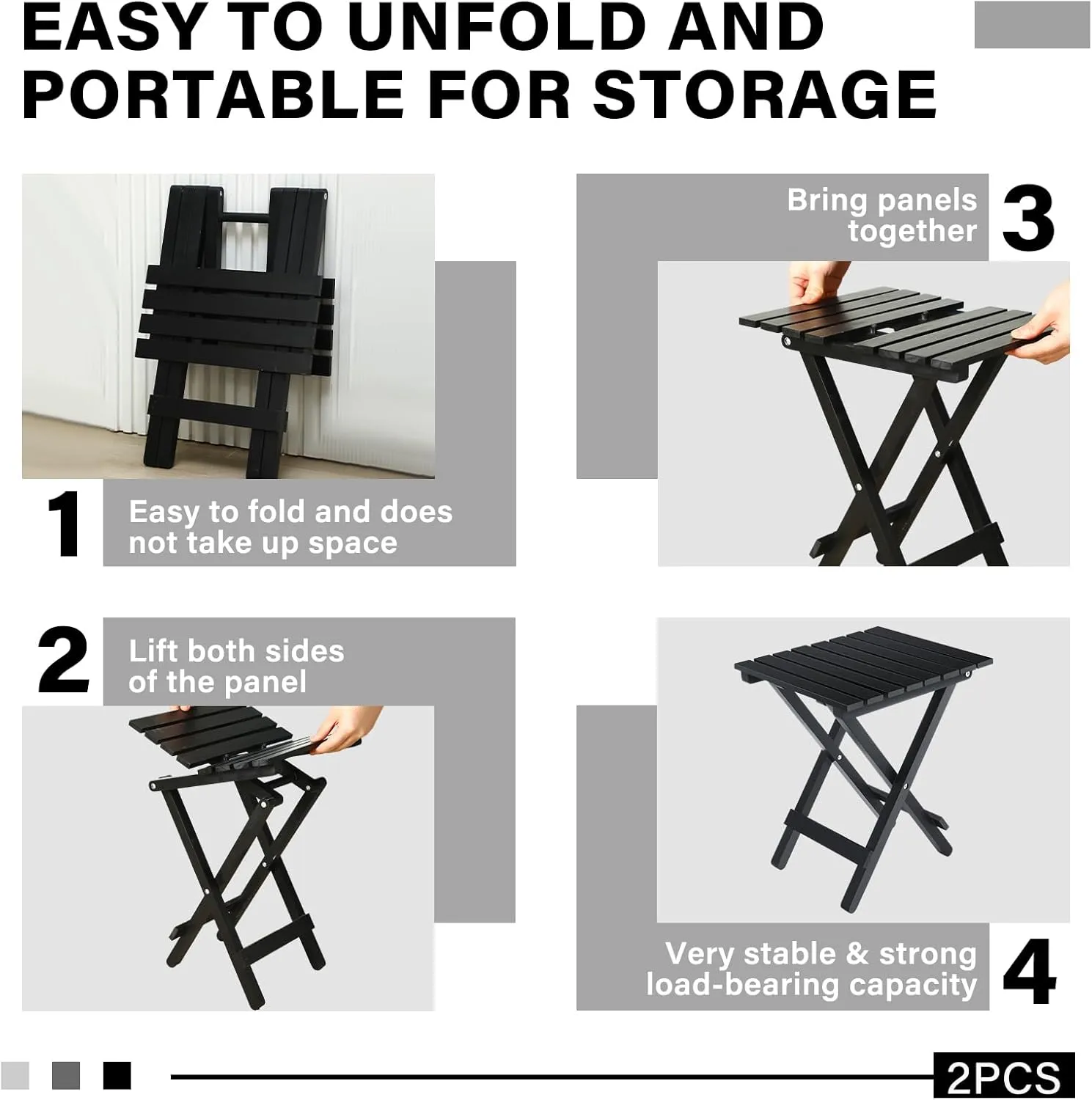 2 Pcs Small Folding Patio Side Table Outdoor Wood Wooden Small End Portable Plant Little Table for Garden Yard Porch Living Room Space Pool 11.4x11x14 inch (Black)