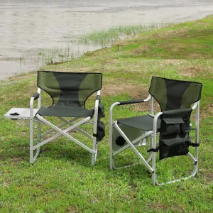 2-Piece Padded Folding Outdoor Chair with Side Table and Storage Pockets, Lightweight Oversized Design, Green