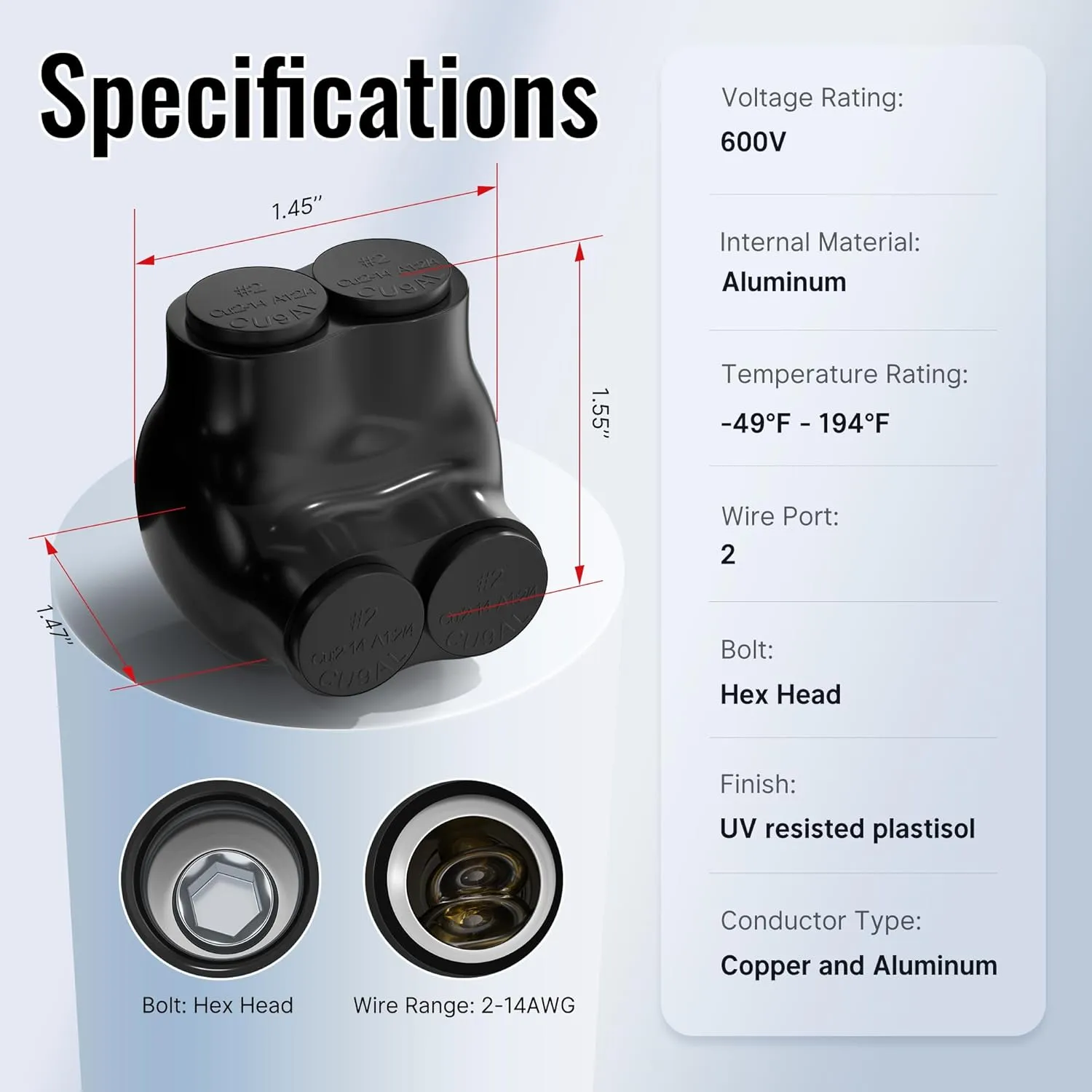 2 Port Insulated Connector Multi Tap Connector 2-14 AWG Aluminum to Copper Wire Connectors Single-Sided Entry Slotted Allen Hex - 6 Pack
