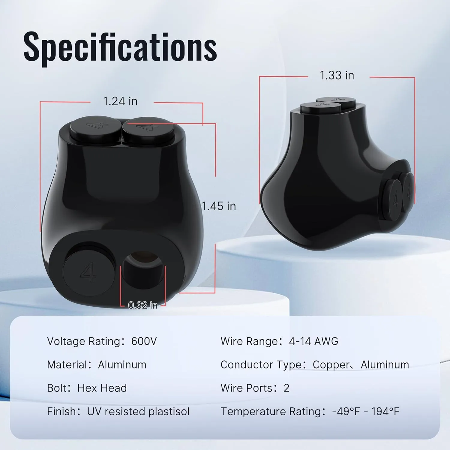 2 Port Insulated Multi Tap Connector 4-14 AWG Aluminum to Copper Wire Connectors Single-Sided Entry Aluminum Wire Connectors Slotted Allen Hex - 5 Pack