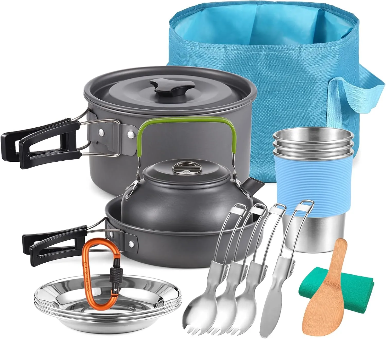 20 Pcs Camping Cookware Mess Kit, Non-Stick Lightweight Pot Pan Kettle Set, Collapsible Bucket, Stainless Steel Cups Plates Forks Knives Spoons for Outdoor Cooking and Picnic