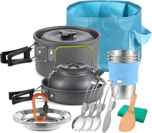 20 Pcs Camping Cookware Mess Kit, Non-Stick Lightweight Pot Pan Kettle Set, Collapsible Bucket, Stainless Steel Cups Plates Forks Knives Spoons for Outdoor Cooking and Picnic