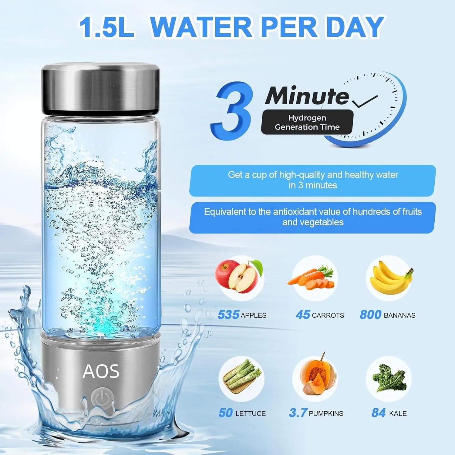 2025 New Hydrogen Water Bottle, 3-Minute 2000ppb with SPE PEM Technology，Gift for Love Friend Family， Hydrogen Water Bottle Generator Suitable for Gym Office Travel Home(Silver) 1
