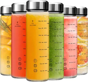 20oz Glass Juice Bottles - 6 Pack Wide Mouth Glass Bottles with Lids- BPA Free, Stainless Steel Lids for Juicing, Smoothies, Infused Water, Beverage Storage - Leakproof, Borosilicate, Clear