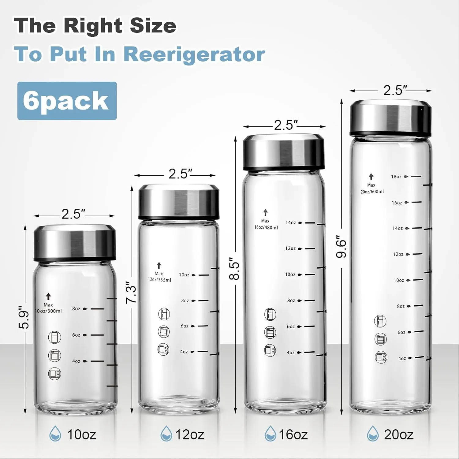 20oz Glass Juice Bottles - 6 Pack Wide Mouth Glass Bottles with Lids- BPA Free, Stainless Steel Lids for Juicing, Smoothies, Infused Water, Beverage Storage - Leakproof, Borosilicate, Clear