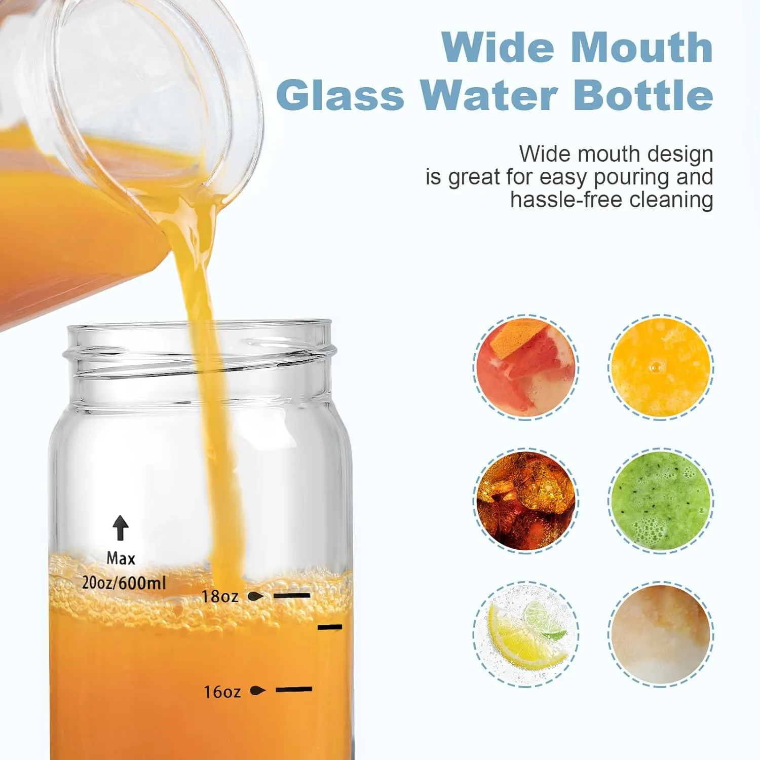 20oz Glass Juice Bottles - 6 Pack Wide Mouth Glass Bottles with Lids- BPA Free, Stainless Steel Lids for Juicing, Smoothies, Infused Water, Beverage Storage - Leakproof, Borosilicate, Clear