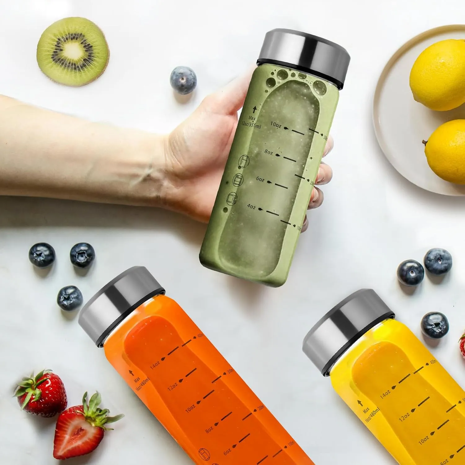 20oz Glass Juice Bottles - 6 Pack Wide Mouth Glass Bottles with Lids- BPA Free, Stainless Steel Lids for Juicing, Smoothies, Infused Water, Beverage Storage - Leakproof, Borosilicate, Clear