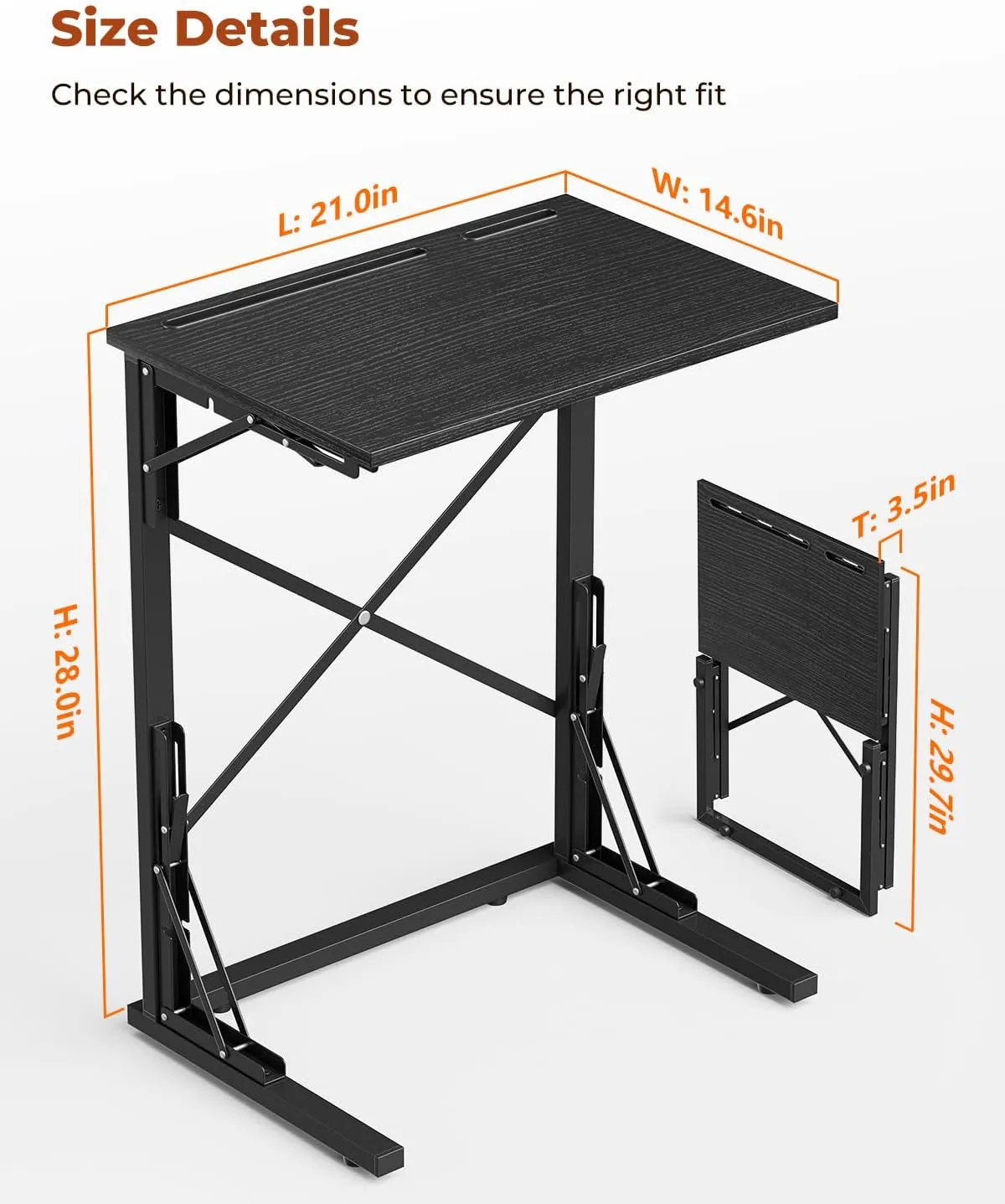 21''Wx28''H TV Tray Set of 2, Small Foldable C-Shaped End Table for Eating with Tablet and Phone Slots, Slide Under Couch Side Table for Recliner, Living Room, Bedroom, Black