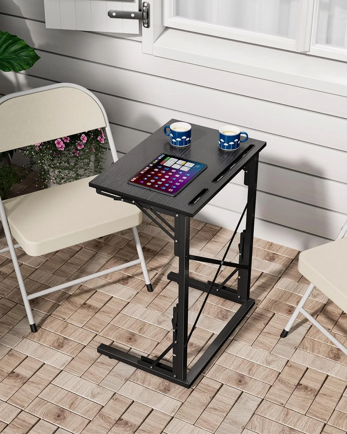 21''Wx28''H TV Tray Set of 2, Small Foldable C-Shaped End Table for Eating with Tablet and Phone Slots, Slide Under Couch Side Table for Recliner, Living Room, Bedroom, Black